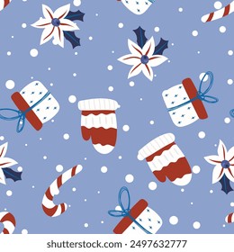 Christmas tree with gift boxes seamless pattern. Vector background for designs of wrapping paper, covers, fabric, textiles. Concept of Christmas and New Year