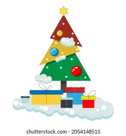Árbol de Navidad con cajas de regalo, nieve, copo de nieve y decoración colorida de bola. Feliz Navidad y feliz año nuevo. Aislado en fondo blanco. Ilustración vectorial de estilo plano.