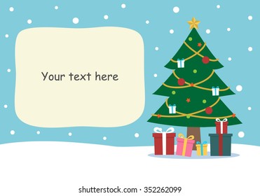 Christmas tree and gift boxes with space for add text. Christmas card.