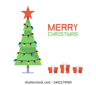 Christmas tree with gift boxes, star, lights and lamps. isolated on white background