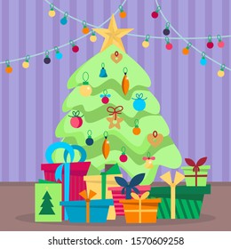 Christmas tree with gift boxes, star, lights, decoration balls and lamps. Flat style vector illustration.Merry Christmas and a happy new year. 