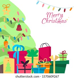 Christmas tree with gift boxes, star, lights, decoration balls and lamps. Flat style vector illustration.Merry Christmas and a happy new year. 