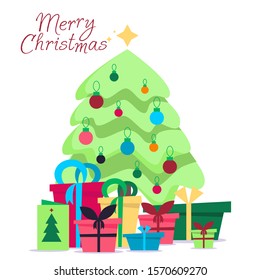 Christmas tree with gift boxes, star, lights, decoration balls and lamps. Flat style vector illustration.Merry Christmas and a happy new year. 