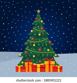 Christmas tree with gift boxes, star, lights and decoration balls. Merry Christmas and Happy New Year. Vector illustration.