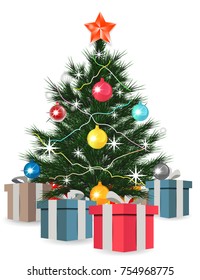 Christmas Tree  with gift boxes, star, lights, decoration balls