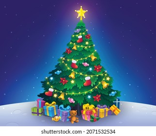 Christmas tree with gift boxes, stars, light bulb chain decorated. Merry Christmas and a Happy New Year