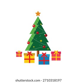 Árbol de Navidad con cajas de regalo de varios colores y tamaños, el árbol de Navidad está decorado con varios objetos decorativos como luces de Navidad y bolas brillantes y estrellas.