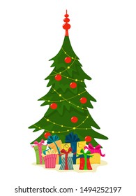 Christmas tree with gift boxes. Vector illustration in cartoon flat style on a white background.