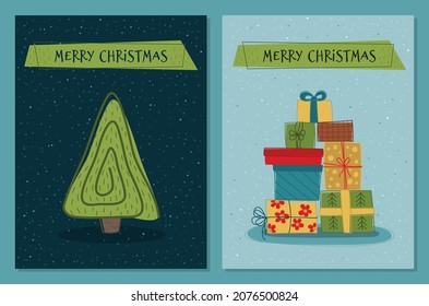 Christmas tree and gift boxes - vector illustration, card, print. Greeting card template in flat style