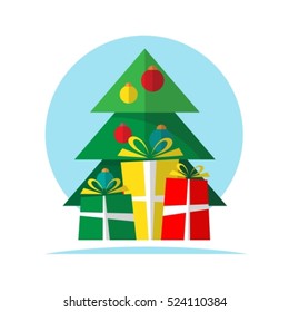 Christmas tree and gift boxes vector isolated on white background. Design elements for greeting cards and flyers. Flat design. Xmas vector illustration.