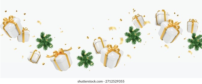Christmas tree and gift boxes wave decoration. Holiday fir tree garland with flying gifts and pine tree, festive Christmas divider. Winter season design element with gold confetti