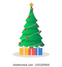 christmas tree with gift boxs, star, lights, decoration balls vector isolated on white 
