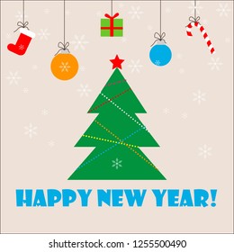 Christmas tree with gift, candy, ball and snowflake. Happy New Year card