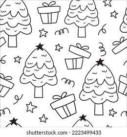 Árbol de Navidad y doodle de regalo dibujado a mano fondo de patrón sin fisuras. diseño para envoltura, afiche, plantilla