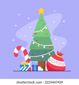 Christmas tree with gift flat illustration vector icon isolated