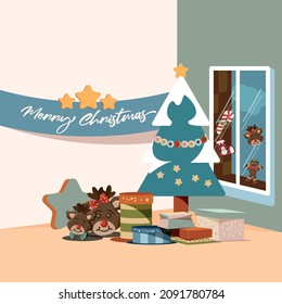 christmas tree with gift free vector
