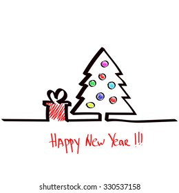 Christmas tree with a gift, hand drawn one line