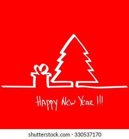 Christmas tree with a gift, hand drawn one line