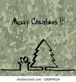 Christmas tree with a gift, hand drawn one line at camouflage pattern military background