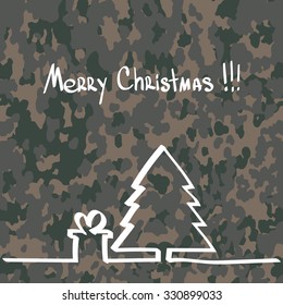 Christmas tree with a gift, hand drawn one line at camouflage pattern military background