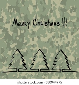 Christmas tree with a gift, hand drawn one line at camouflage pattern military background