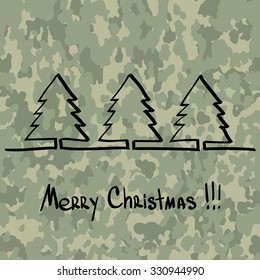 Christmas tree with a gift, hand drawn one line at camouflage pattern military background