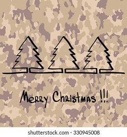 Christmas tree with a gift, hand drawn one line at camouflage pattern military background