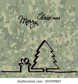 Christmas tree with a gift, hand drawn one line at camouflage pattern military background
