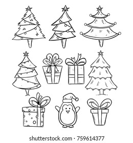 christmas tree and christmas gift with hand drawn style