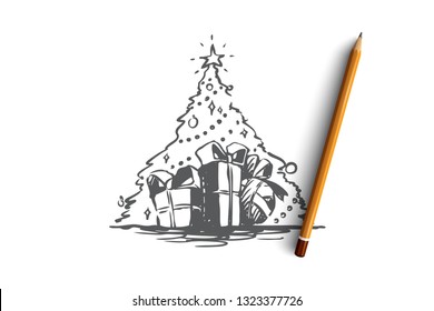 Christmas, tree, gift, holiday, celebration concept. Hand drawn festive Christmas tree and gifts concept sketch. Isolated vector illustration.