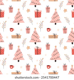 Christmas tree, gift, holly berries leaves and snowflakes seamless pattern. Glamorous decorative wrapping paper for the winter holidays. Seamless vector pattern with pink Christmas trees and gift.
