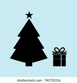christmas tree, gift icon, new year icon, blue background, black