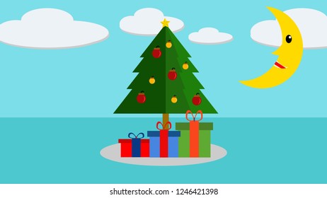 Christmas Tree gift and moon.