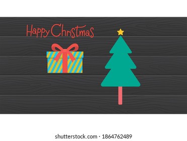 Christmas tree and gift on black wood grain, Vector design illustration.
