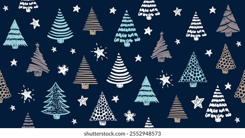 Árbol de Navidad y regalo en azul, patrón, ilustraciones dibujadas a mano.