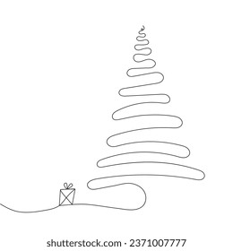 Christmas tree with gift one line vector illustration