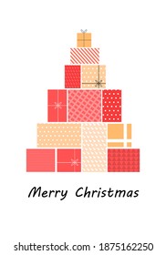 Christmas tree from gift packages. Inscription happy new year. Can be used for turntables