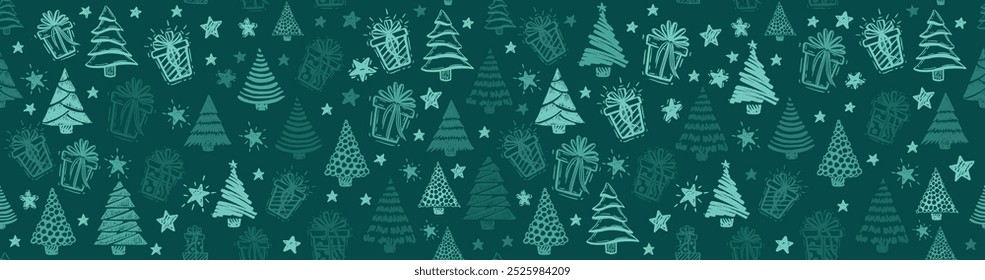Christmas tree and gift, pattern on green, hand drawn illustrations. Vector.