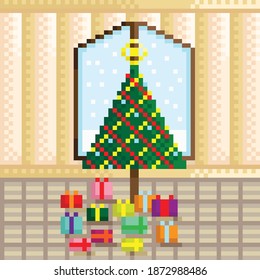 Christmas tree and gift pixel art. Vector illustration.