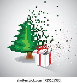 christmas tree and gift in pixel style, pixel style vector illustration