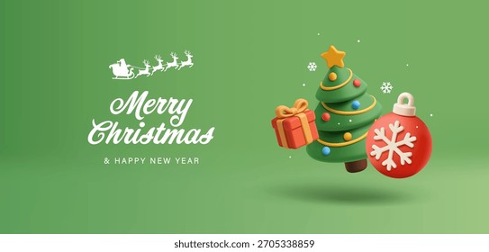 Christmas tree, gift, round red Christmas toy with snowflake, 3D. Bright green banner with Christmas symbols that seem to hang in the wind. Greetings. Vector illustration.