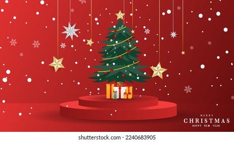 Árbol de Navidad con regalo con nieve sobre
Fondo del Círculo Rojo , Diseño Plano Moderno , ilustración Vector EPS 10