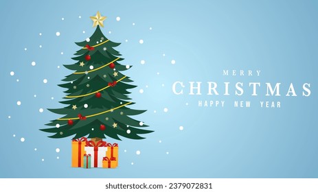 Christmas tree with gift with snow on
ิblue background  , Flat Modern design , illustration Vector EPS 10