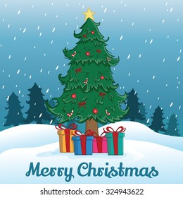 Christmas Tree And Gift With Snowflake Or Snow Island And Tree Background
