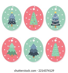 Christmas tree gift tag set. Merry christmas label collection. Vector illustration.