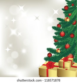 Christmas tree and gift, vector image card