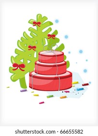 Christmas tree and gift wrapped with a rope