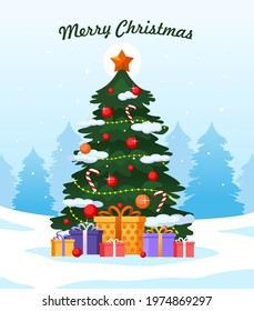 Christmas tree and giftbox. flat vector illustration for banners, flyers and landing page  