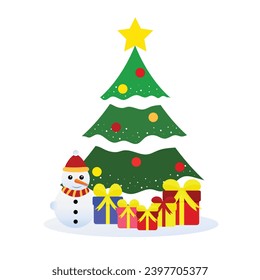 christmas tree with gift,red yellow blue green,star,snowman,vector illustration