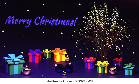 Árbol de Navidad con regalos. Fondo de Navidad. Decoración de las vacaciones de invierno. Ilustración vectorial. Bolas plateadas y azules. Material gráfico festivo. Papel de escritorio, postal, felicitaciones.